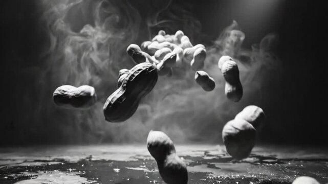 Dramatic slow-motion peanut drop, dark food photography, misty studio background, food concept art