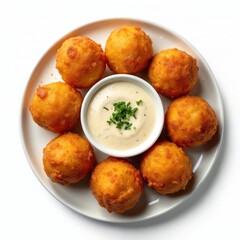 Fototapeta premium Golden brown arranged on plate with creamy dipping sauce. Crispy fried cornmeal balls are a savory appetizer. Perfect side dish for seafood or barbecue meals.