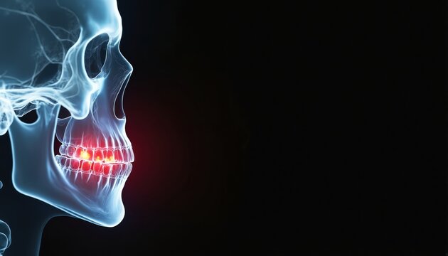 X-ray profile of human skull showing inflamed teeth and jawbone. Dental scan reveals oral health problems and abnormalities. Medical illustration on dark background highlights pain.