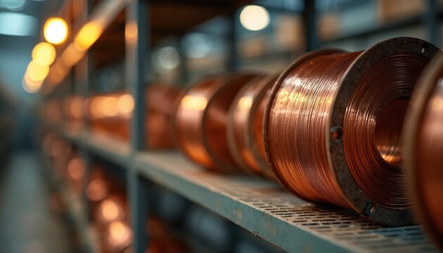 Copper wire spools on metal shelves in a factory setting. Rows of coiled metal await production, ready for industrial use. Bright lights illuminate the organized warehouse.