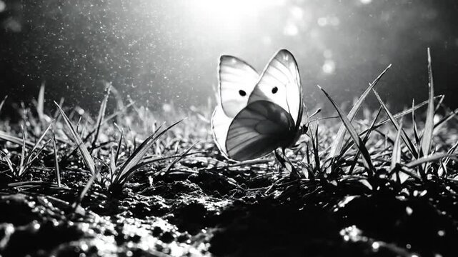 Black and white close up of a butterfly with wings spread resting on grass in the sunlight