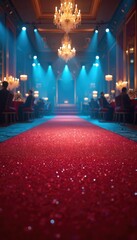Fototapeta premium Glittering red carpet leads to ornate hall with chandeliers, blue spotlights. Guests sit at tables in glamorous luxury venue. Event atmosphere feels exclusive, celebratory, awaiting VIP arrivals.