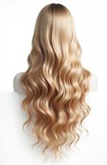 Naklejka premium Realistic long wavy blonde wig isolated on white. Perfect for beauty, fashion, hair salon, and cosplay. Offers instant style transformation and volume.