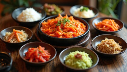 Obraz premium Assortment of Korean banchan served in small bowls on wood table. Includes kimchi, rice, and pickled vegetables. Offers a taste of traditional Korean cuisine.