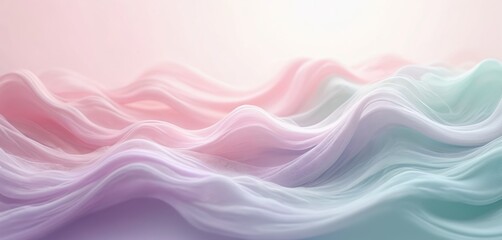 Fototapeta premium Soft pastel fabric waves in pink purple and green flow gently. Abstract background with light airy texture. Smooth gradients suggest calm and serenity.