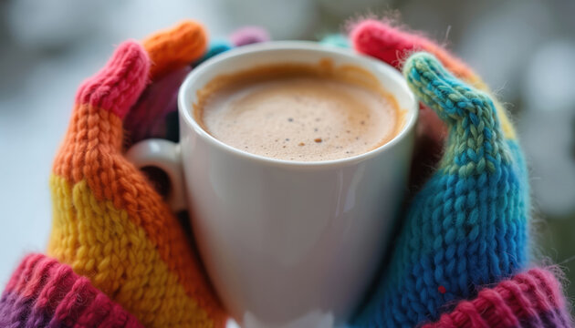 Hands in rainbow knitted mittens hold warm mug of coffee outdoors. Steam rises from hot beverage on a cold winter day. Enjoying cozy comfort and delicious drink.