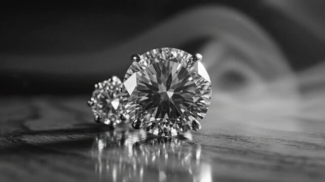 Elegant Diamond Ring on Display Illuminated with Stunning Reflections in a Black and White Macro Shot