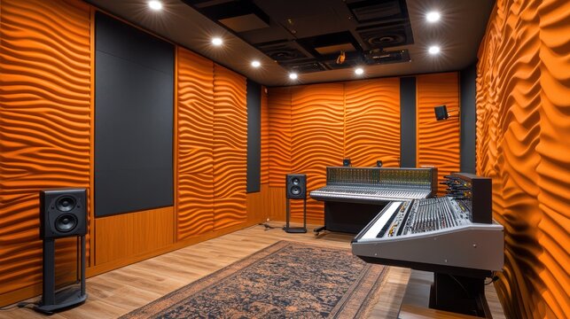 Orange music recording studio with instruments and equipment