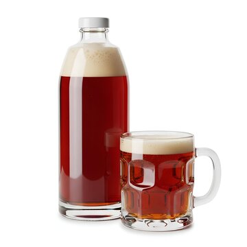A tall bottle of amber beer next to a frothy mug of beer.