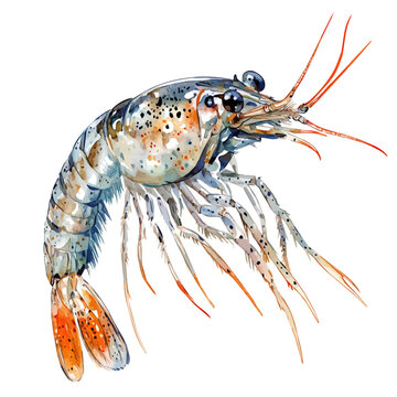 Aquarium Shrimp, elegant watercolor vector painting with refined details, isolated on a white background.