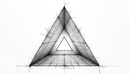 Fototapeta premium Abstract 3D triangle structure forms geometric wireframe tunnel. Intricate line art pattern creates optical illusion, suggesting futuristic architecture or digital network pathways for tech concepts.