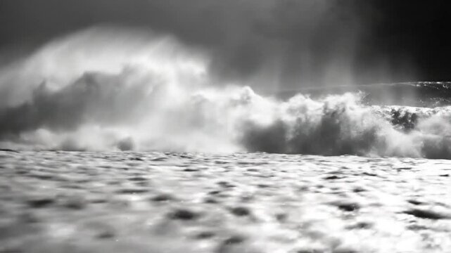 Dramatic monochrome view of a powerful ocean wave crashing onto a dark, glistening black sand beach