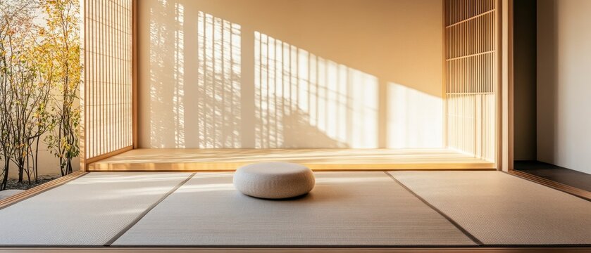 Sunlit minimalist japanese interior with tatami