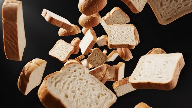 Delicious sliced bread and bread rolls floating against a dark background, dynamic food concept