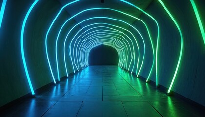 Fototapeta premium Abstract tunnel with blue and green neon light lines. Futuristic corridor with textured walls and reflective floor. Dark passage leads to distant light.