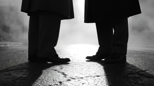 Low angle black and white shot of two people in coats facing each other in fog