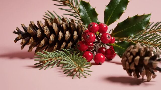 Festive holiday still life arrangement with pinecone, berries, fir branch, and holly leaves on a pink background