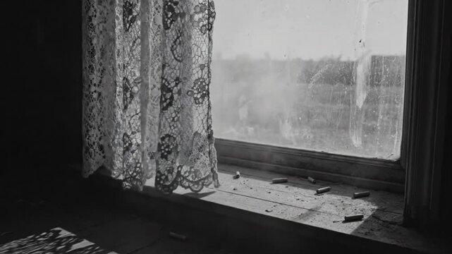 Black and white shot of a window with lace curtains and cigarette butts on the sill blowing smoke