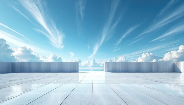 Wide view of empty light tile terrace with vertical fence walls facing ocean horizon. Blue sky with clouds above water. Calm, bright, clear day.