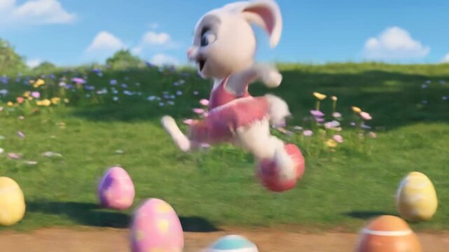 3D animated cute white Easter bunny in a pink dress dancing among colorful eggs in a sunny spring meadow