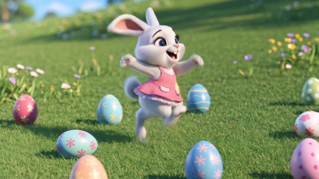 3D animated cute white Easter bunny in a pink dress dancing among colorful eggs in a sunny spring meadow