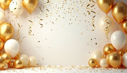 Fototapeta premium Golden and white balloons float with falling confetti and streamers against a light background. Festive celebration, party, and abundance theme. Perfect for New Year or anniversary event.