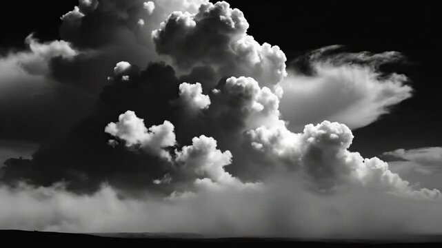 Dramatic monochrome cloudscape with fluffy cumulus clouds on a dark stormy background creating a moody atmosphere