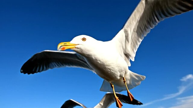 Low angle of seagulls flying with outstretched wings against a bright blue sky, close-up aerial view