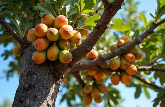 Sycomorus fig tree branches laden with ripening fruit. Ficus sycomorus plant grows on farmland. Ripe figs hang in clusters. Natural rural background with blue sky.