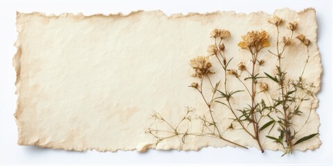 Fototapeta premium Dried flowers rest upon aged paper. Texture suggests vintage aesthetic, delicate beauty, natural elements. Simple composition, neutral tones present.