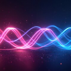Obraz premium Neon pink and blue light waves swirl with small particles on dark textured ground. Abstract energy streams create a futuristic vibrant motion effect. Technology and design concept.