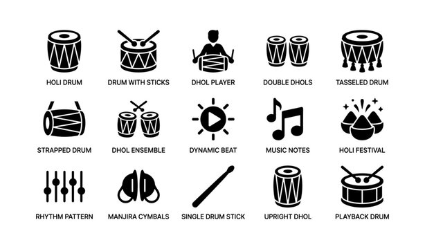Variety of holi drums and musical instruments with icons for festival