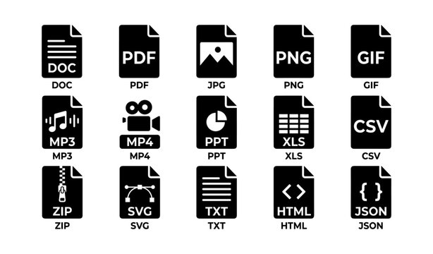 Collection of file type icons: doc, pdf, jpg, png, gif, mp3, mp4, ppt, xls, csv, zip, svg, txt, html, json