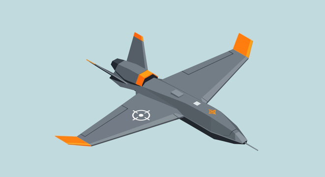 A sleek, modern, gray drone with orange accents on its wings and tail, depicted in a 3D isometric view against a light blue background.