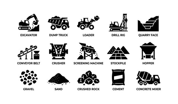 Construction and quarry equipment silhouettes including excavator and conveyor belt