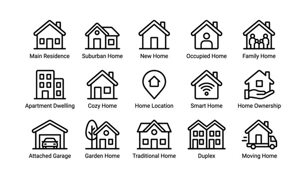 Variety of home icons: residences, apartments, smart homes, and more in simple line art