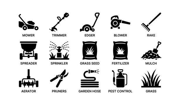 Garden tools and equipment icons: mower, trimmer, edger, blower, rake, sprinkler, pruners