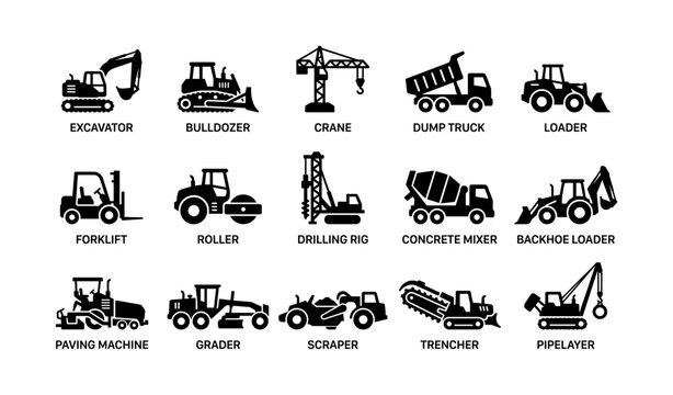 Set of 16 heavy construction equipment icons including excavator and crane