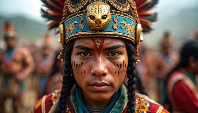 Young man wears traditional Inca headdress and face paint at festival. He stands in crowd dressed in tribal costume. Celebrates ancient culture and heritage with intense gaze.