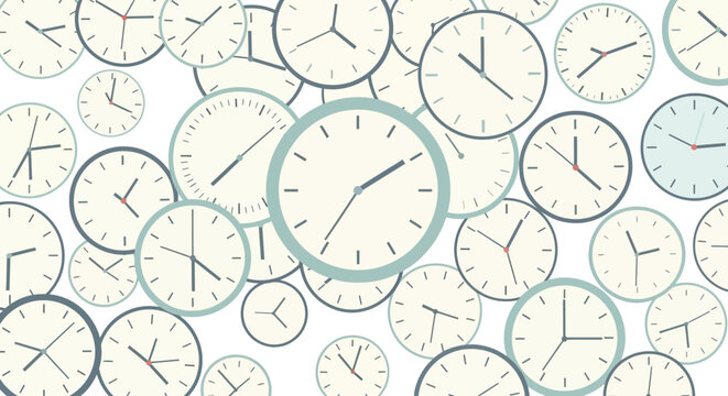 Seamless pattern with various analog clocks in soft pastel tones