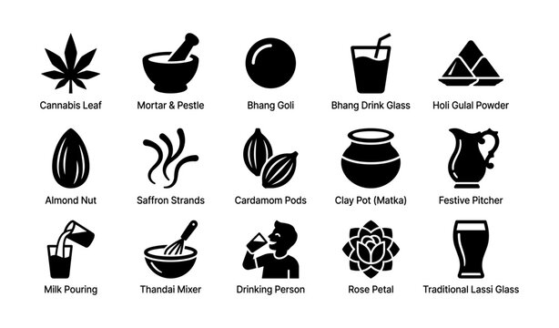 Indian cultural icons: holi, traditional drinks, festive serveware, and herbs