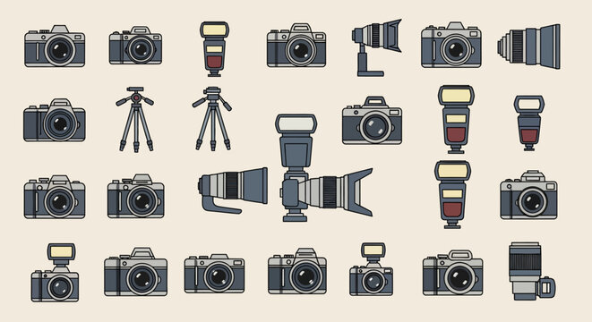 Photography equipment collection: cameras, tripods, lenses, flashes