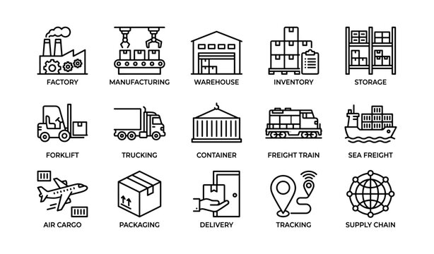 Icon set illustrating factory manufacturing transportation and supply chain processes