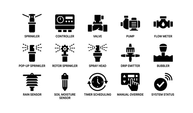 Irrigation system icons set: sprinkler controller valve pump meter sensor drip emitter
