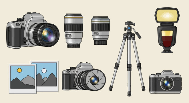 Photography equipment design featuring cameras, lenses, and accessories in flat style