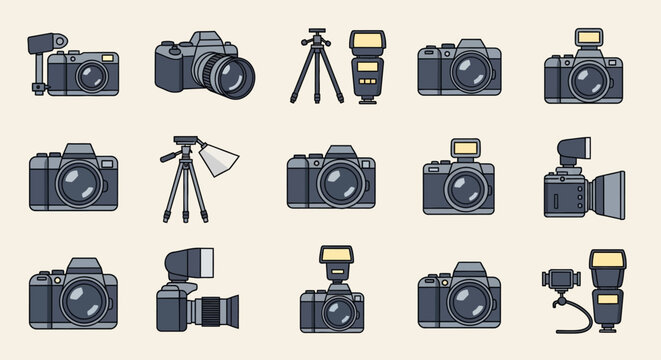 Collection of photography equipment icons with cameras and accessories in flat design