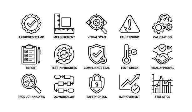 Icons illustrating quality control and compliance processes in business operations