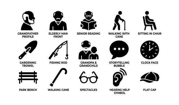 Icons of elderly activities and aids: gardening, reading, walking, fishing, storytelling, and more