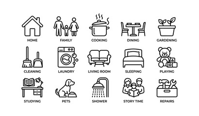 Obraz na płótnie Canvas Simple line icons depicting home and family activities