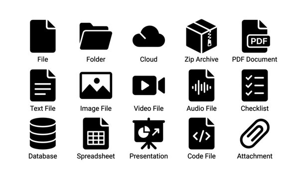 Set of common file type icons including pdf, image, and video files